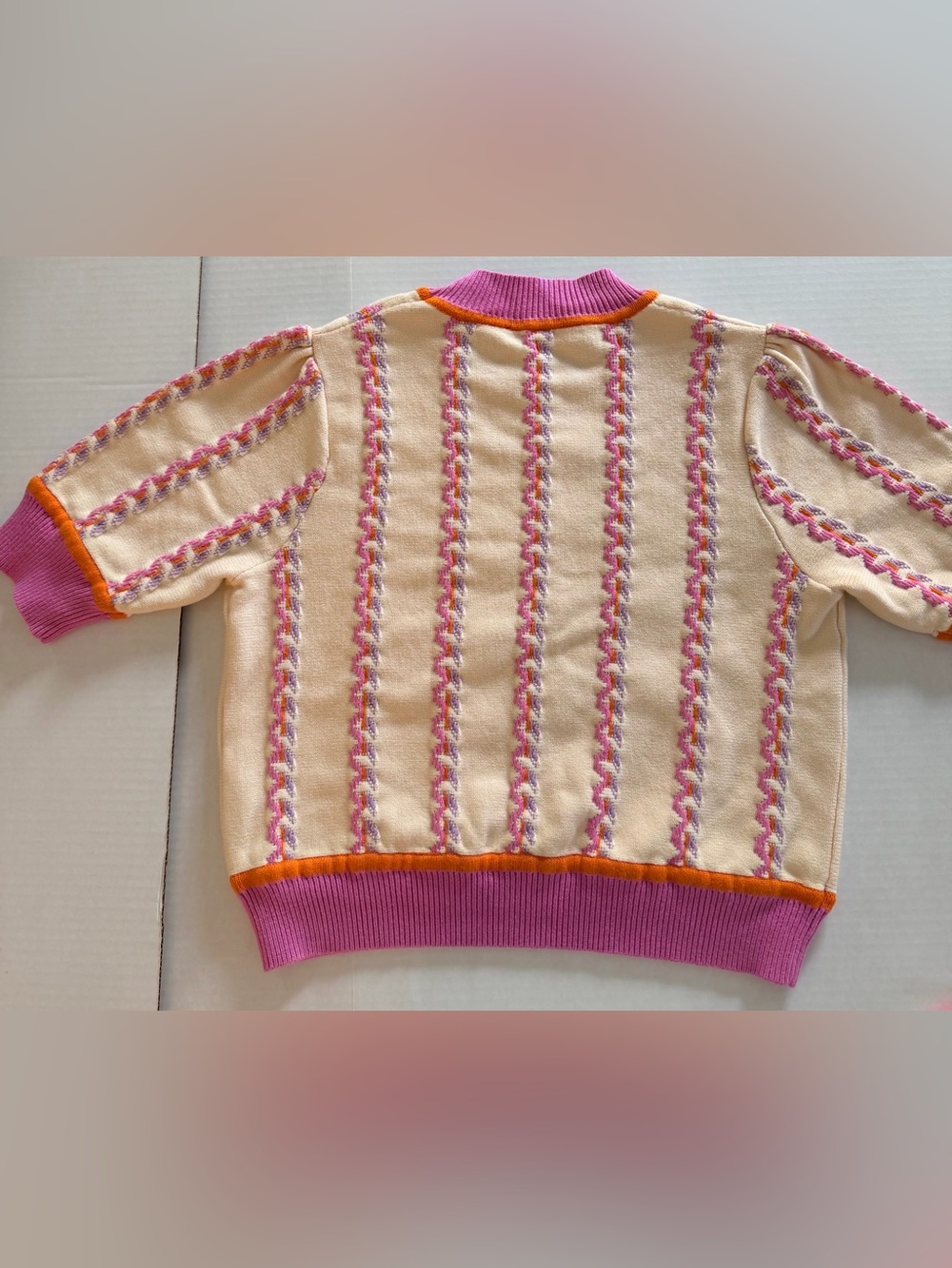 THML Multi-Pattern Short Sleeve Knit Sweater Cream with Pink and Orange Trim M - Picture 4 of 11